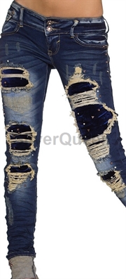 Mørkeblå jeans med velour stof pynt